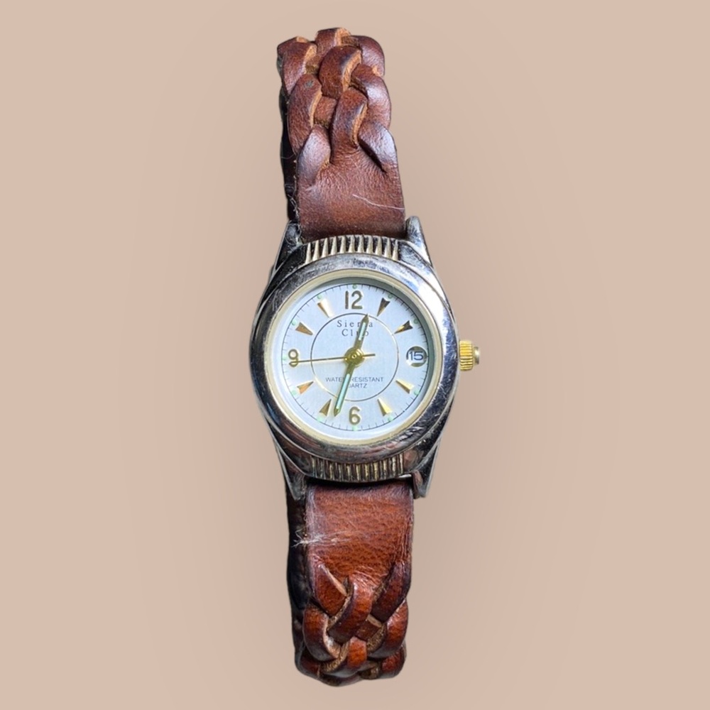 SIERRA CLUB Vintage Quartz Watch with Brown Braided Leather Band, Adjustable.